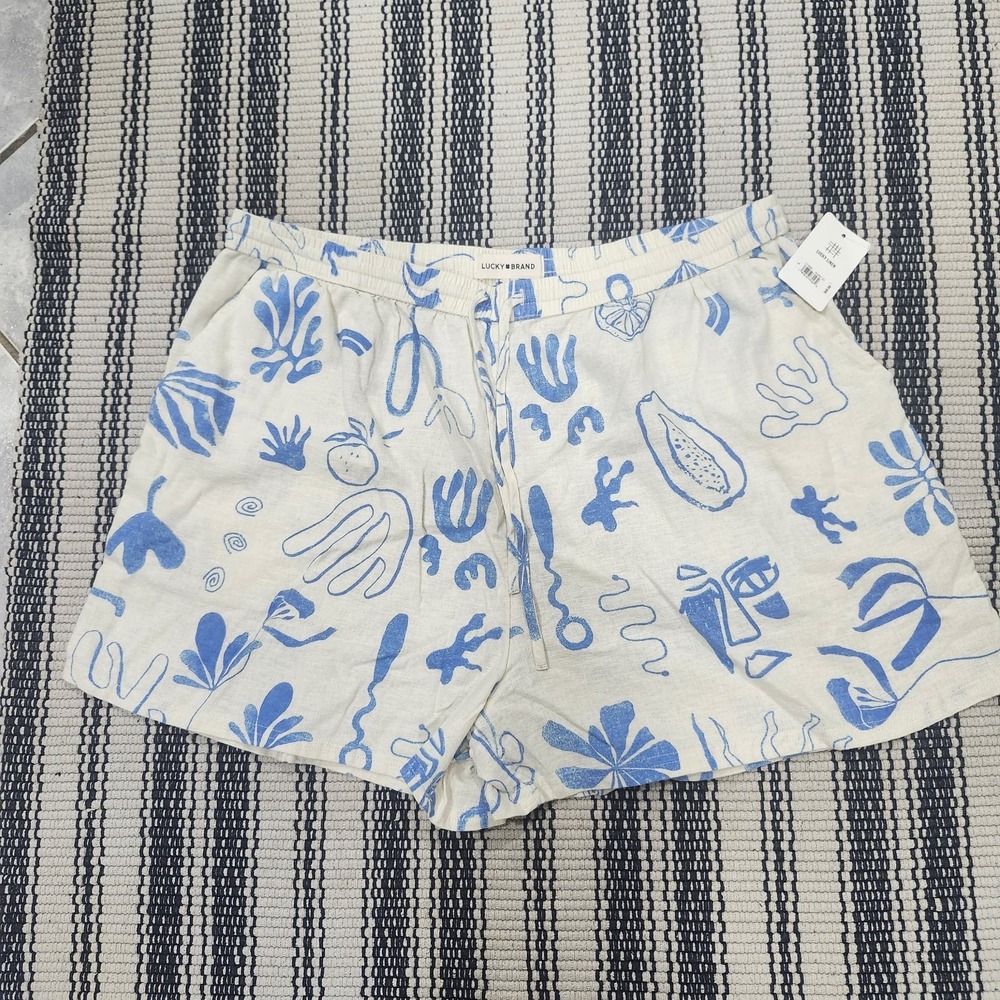 Lucky Brand Lucky Linen Shorts Women L Blue White Abstract Pull On NWT Pockets